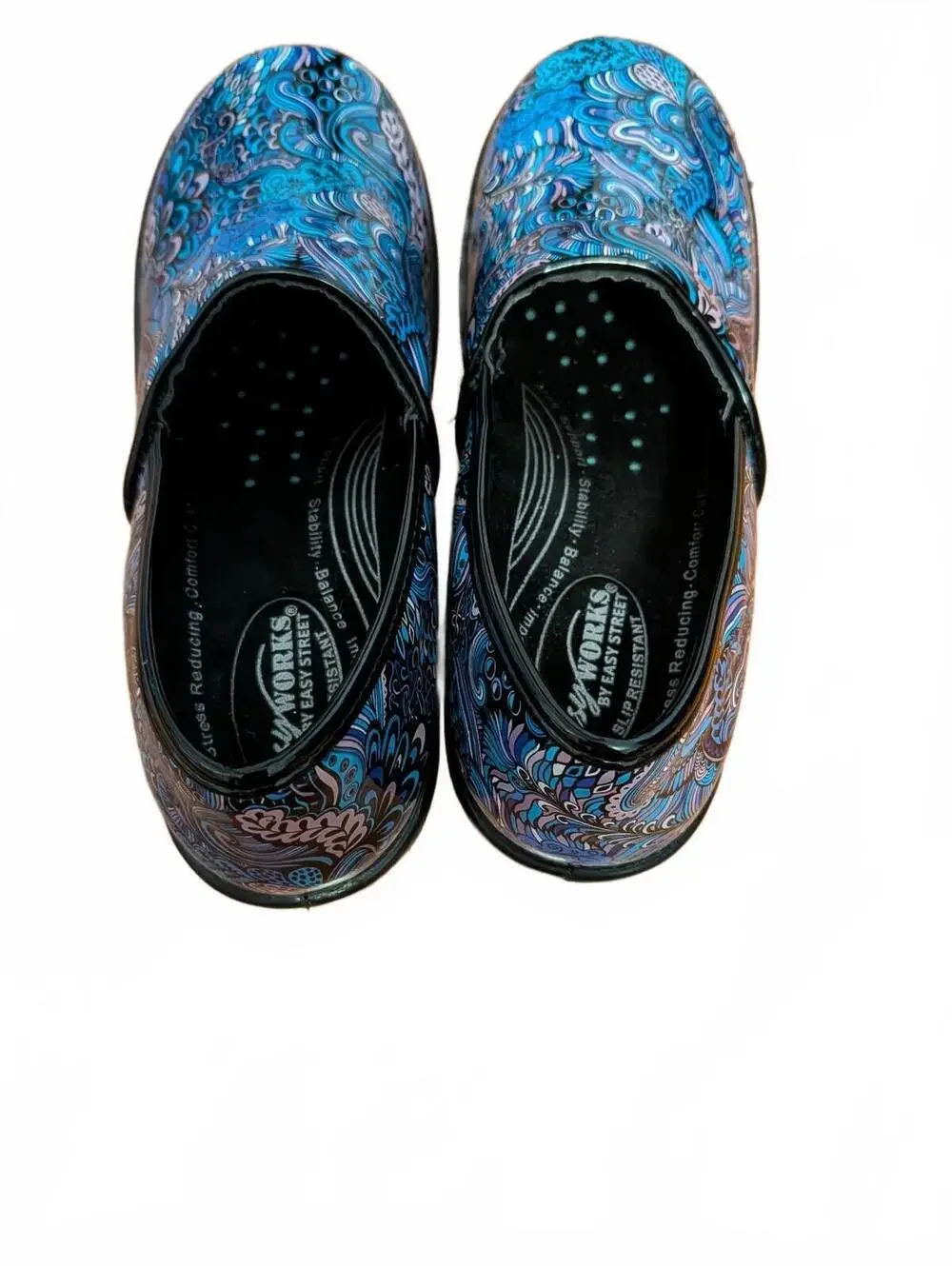 Easy Works by Easy Street Lyndee Clogs Blue & Purple Paisley Comfort Size 6.5M